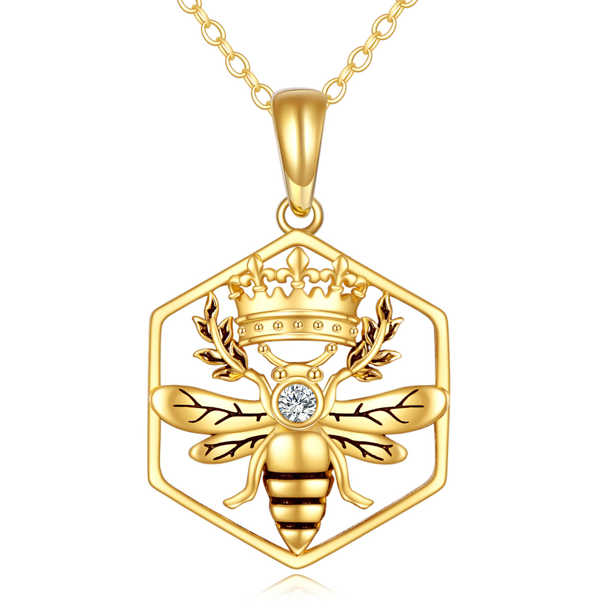 Collana con ciondolo ape e corona in oro 14K con zirconia cubica-1