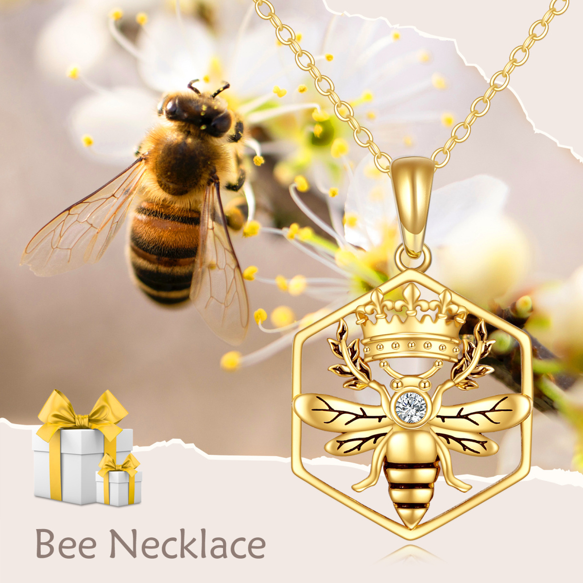 Collier à pendentif abeille et couronne en or cubique 14K-3