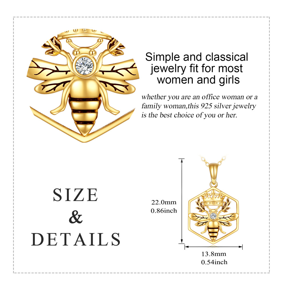 10K Gold Cubic Zirconia Bee & Crown Pendant Necklace-5