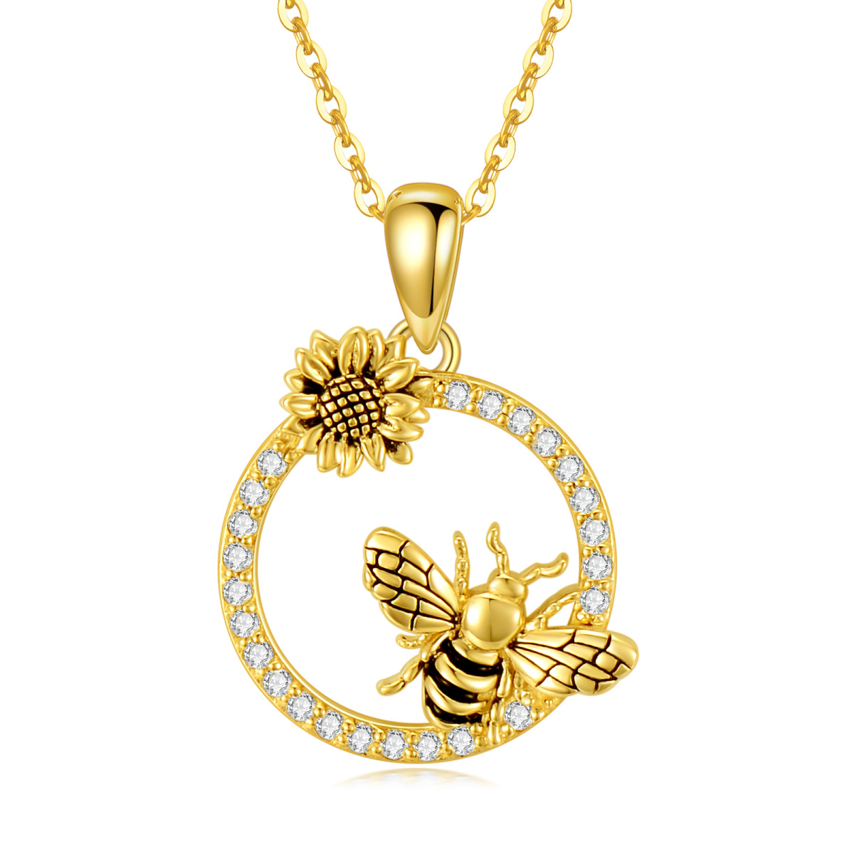 14K Gold Cubic Zirkonia Biene & Gänseblümchen Anhänger Halskette-1