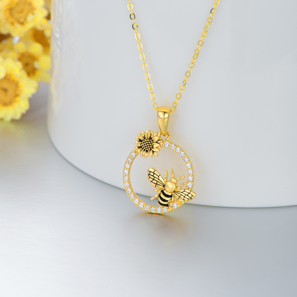 14K Gold Cubic Zirconia Bee & Daisy Pendant Necklace-3