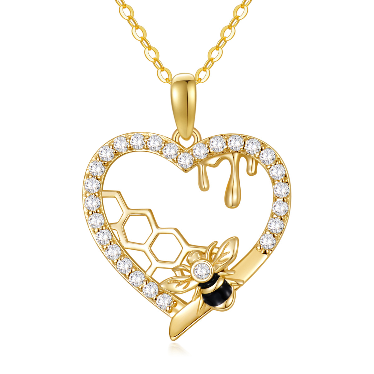 14K Gold Cubic Zirconia Bee Heart Honeycomb Pendant Necklace For Womne-1