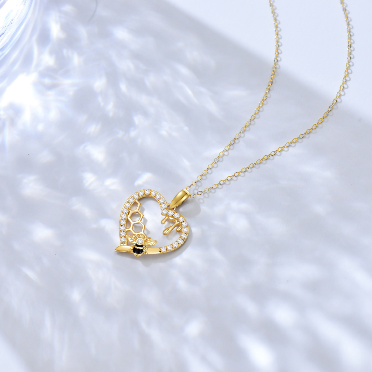 14K Gold Cubic Zirconia Bee Heart Honeycomb Pendant Necklace For Womne-3