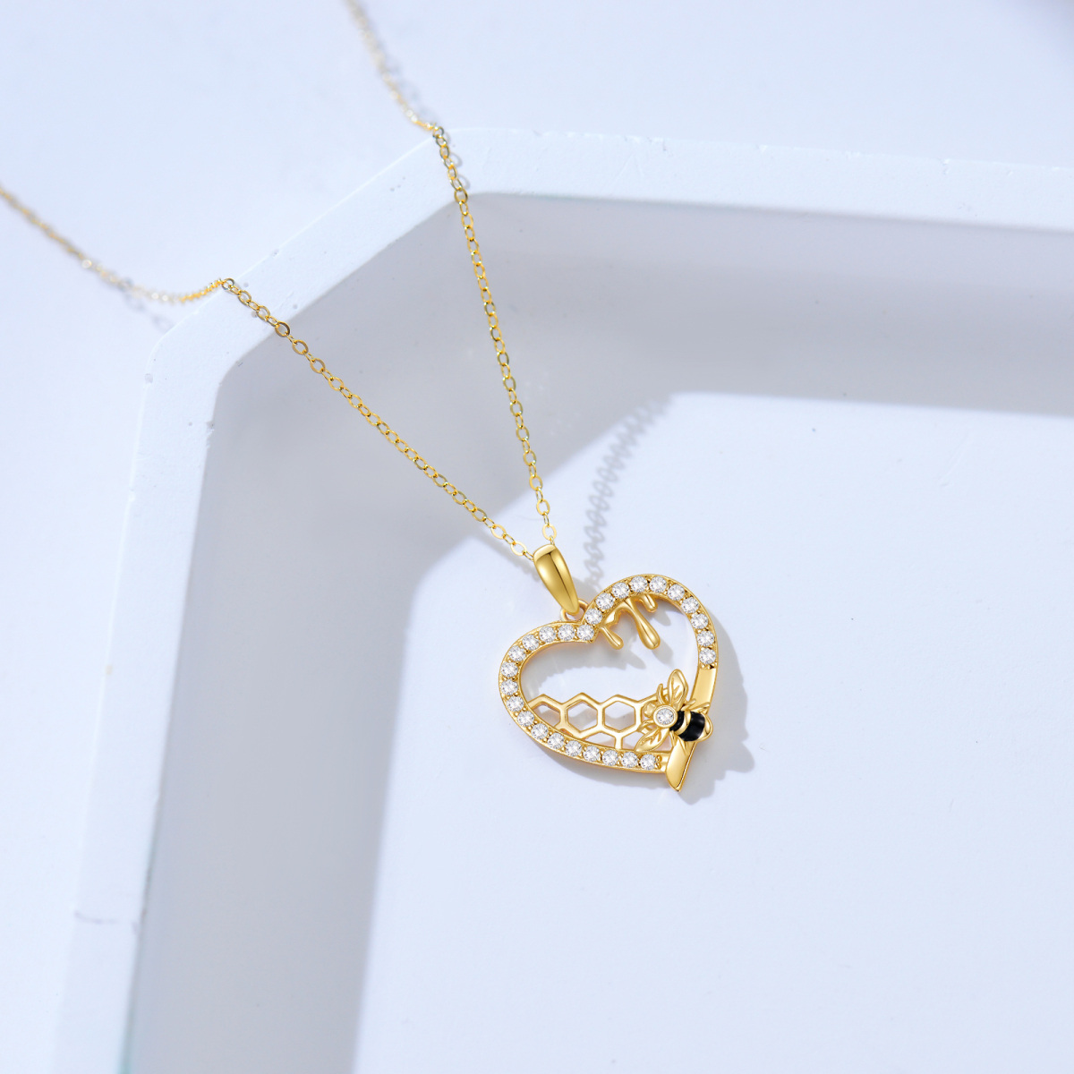 14K Gold Cubic Zirconia Bee Heart Honeycomb Pendant Necklace For Womne-4