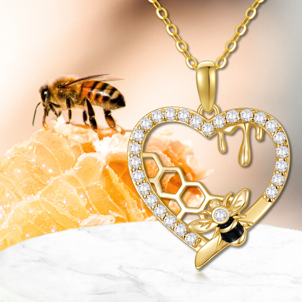 14K Gold Cubic Zirconia Bee Heart Honeycomb Pendant Necklace For Womne-5