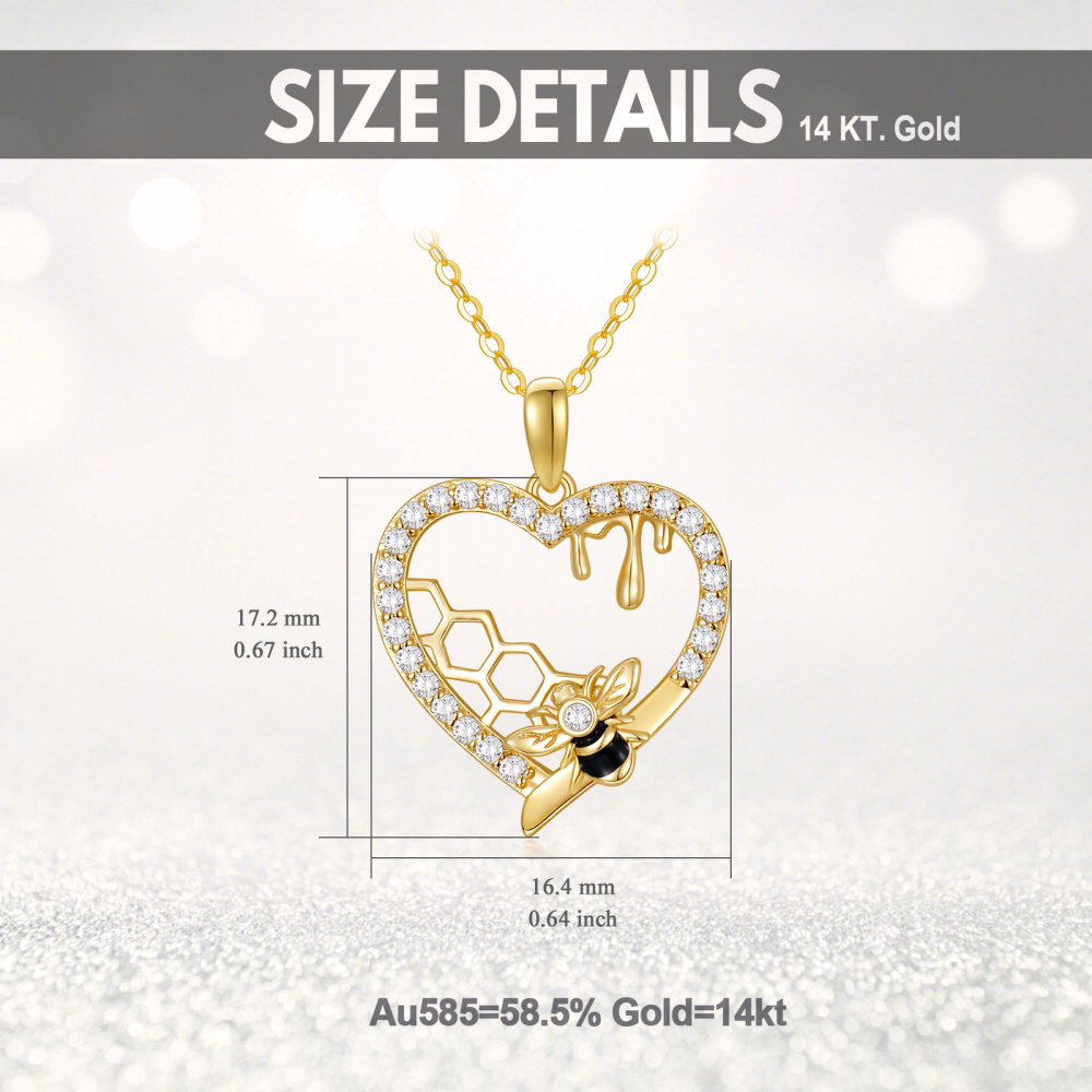 Collar con colgante de panal de abeja y corazón de circonita cúbica en oro de 10 quilates para mujer-6
