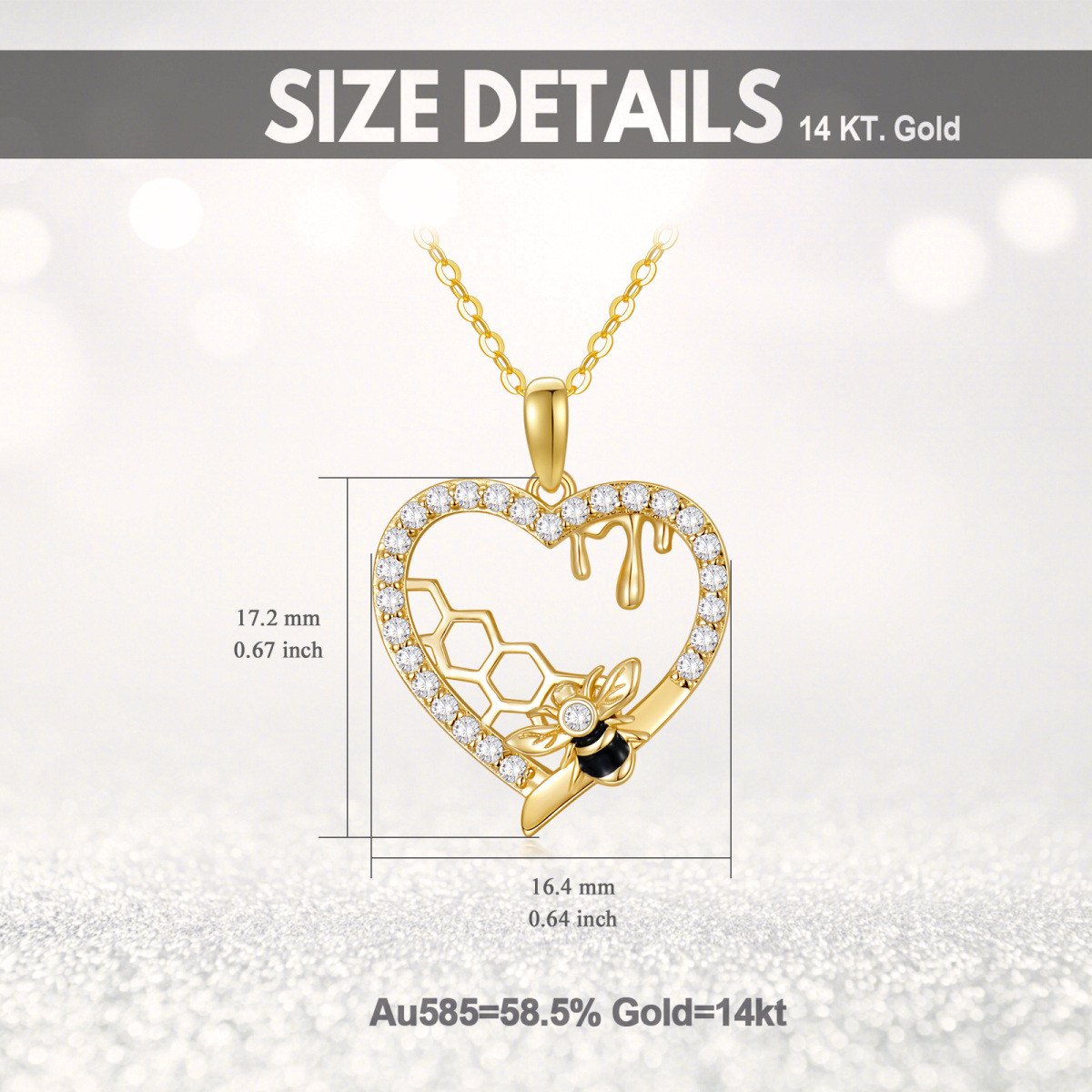 14K Gold Cubic Zirconia Bee Heart Honeycomb Pendant Necklace For Womne-6