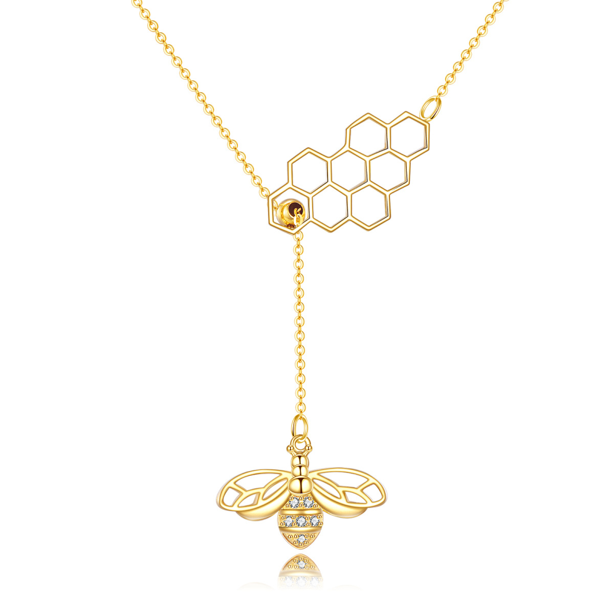 Collier en Y non ajustable en or 14K à zircon cubique abeille et nid d'abeille-1