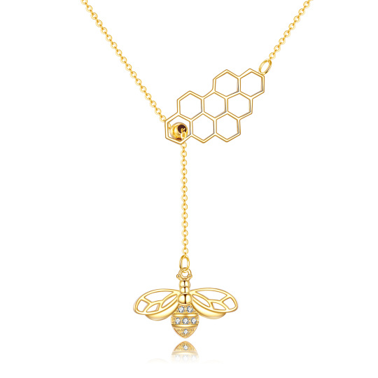 14K Gold Cubic Zirconia Bee & Honeycomb Non-adjustable Y-Necklace