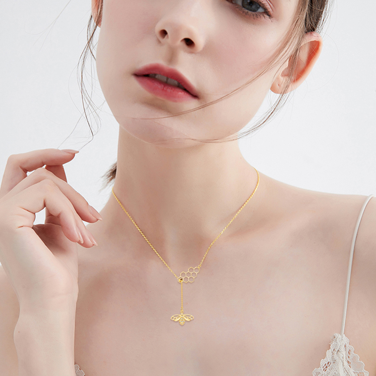 Collana a Y non regolabile con api e nido d'ape in oro 14K-2