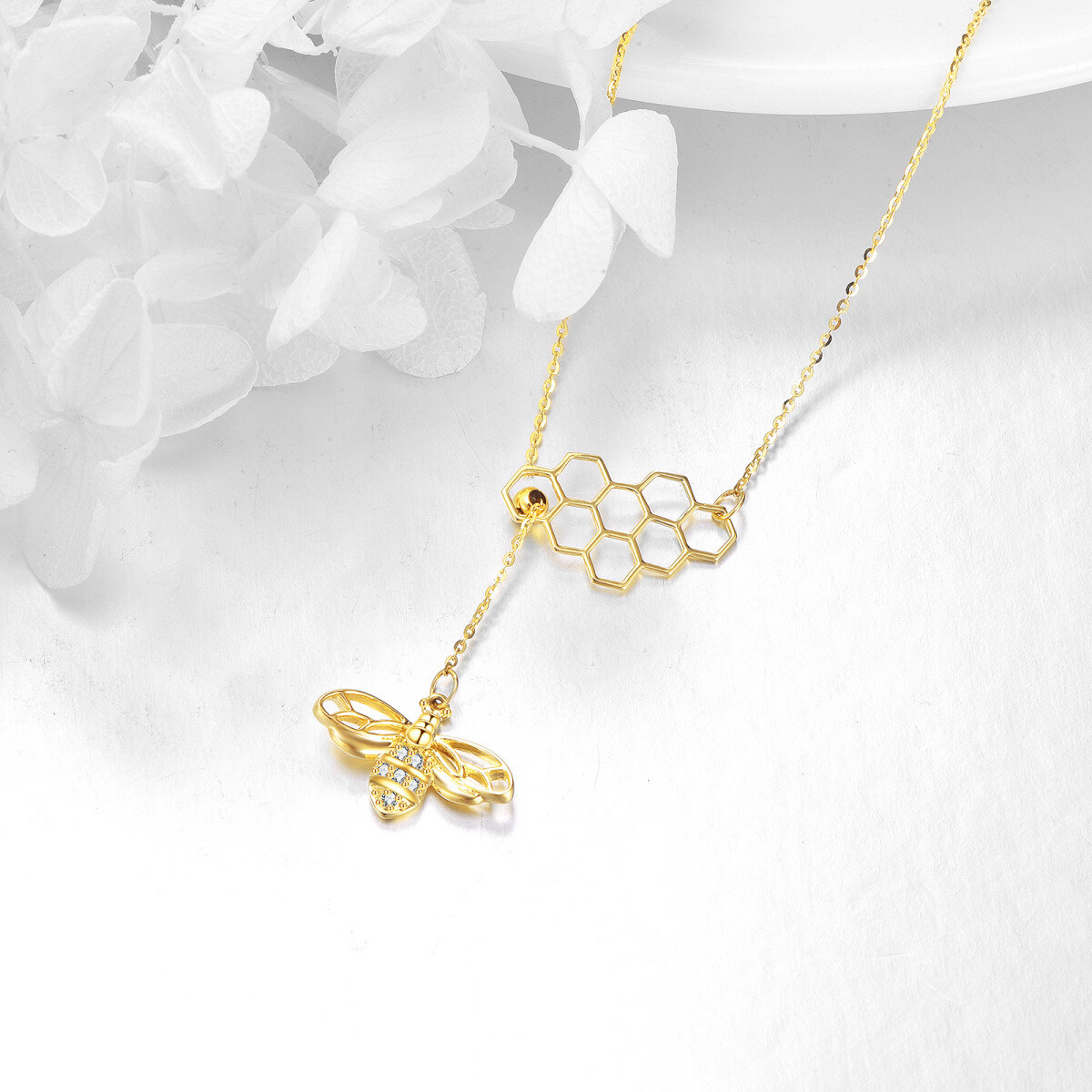 Collier en Y non ajustable en or 14K à zircon cubique abeille et nid d'abeille-3