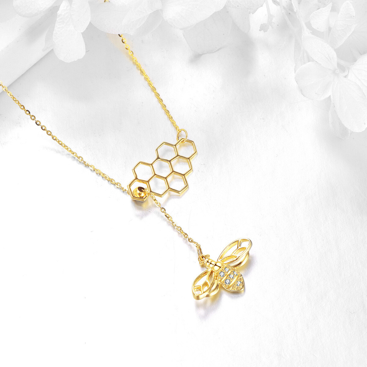 Collier en Y non ajustable en or 14K à zircon cubique abeille et nid d'abeille-4