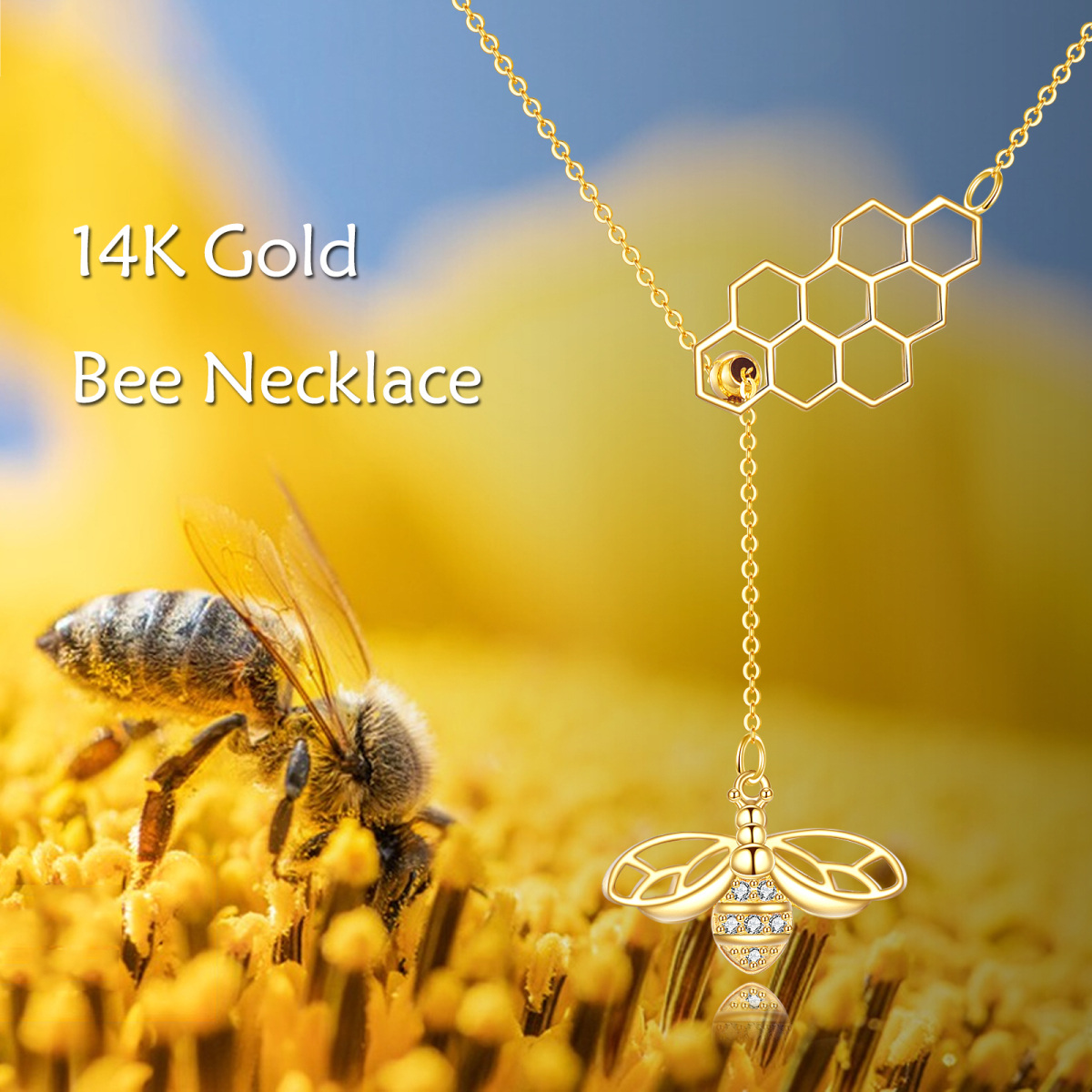 Collier en Y non ajustable en or 14K à zircon cubique abeille et nid d'abeille-5