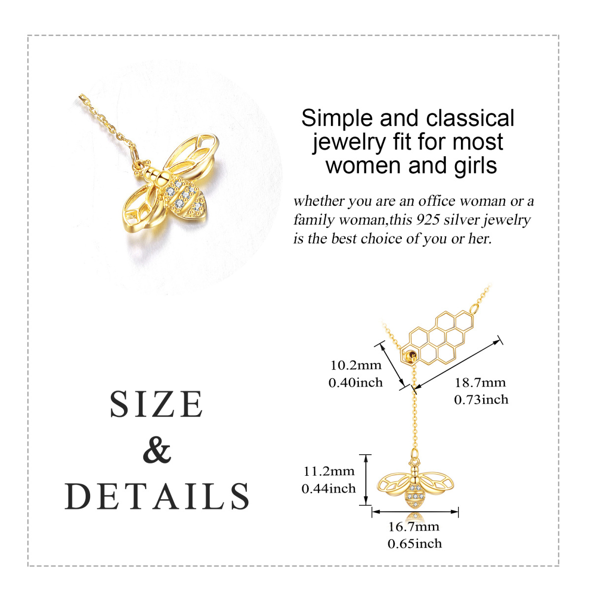 Collier en Y non ajustable en or 14K à zircon cubique abeille et nid d'abeille-6