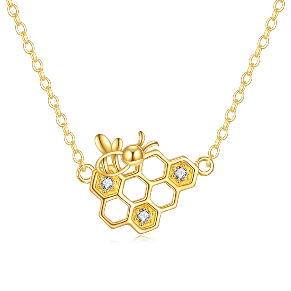 Colar com pingente de abelha e favo de mel em zircónio cúbico em ouro de 14 quilates-1