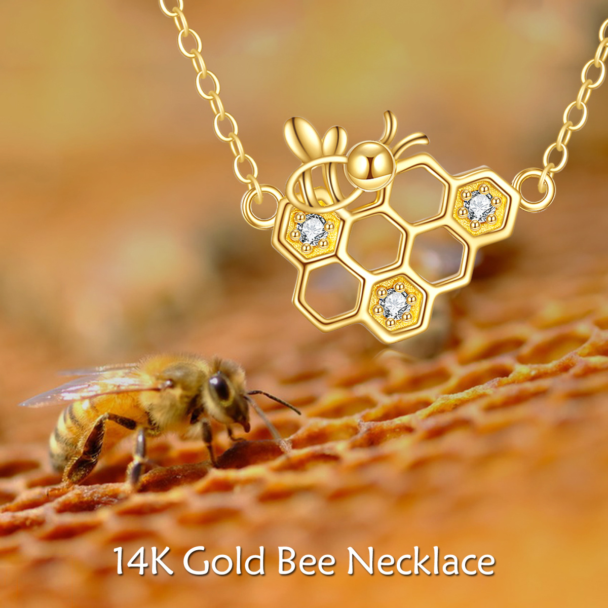 10K Gold Cubic Zirconia Bee & Honeycomb Pendant Necklace-3