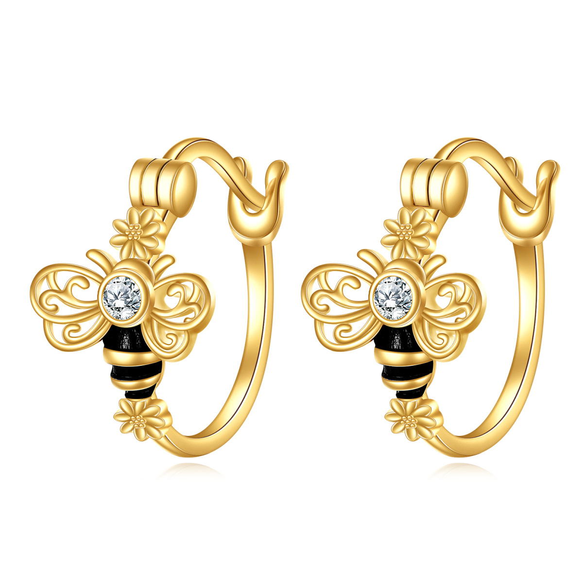 Pendientes de aro con abeja y circonita cúbica en oro de 14 quilates-1