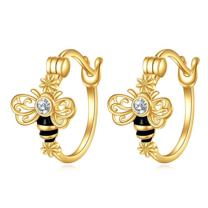 10K Gold Cubic Zirconia Bee Hoop Earrings-3