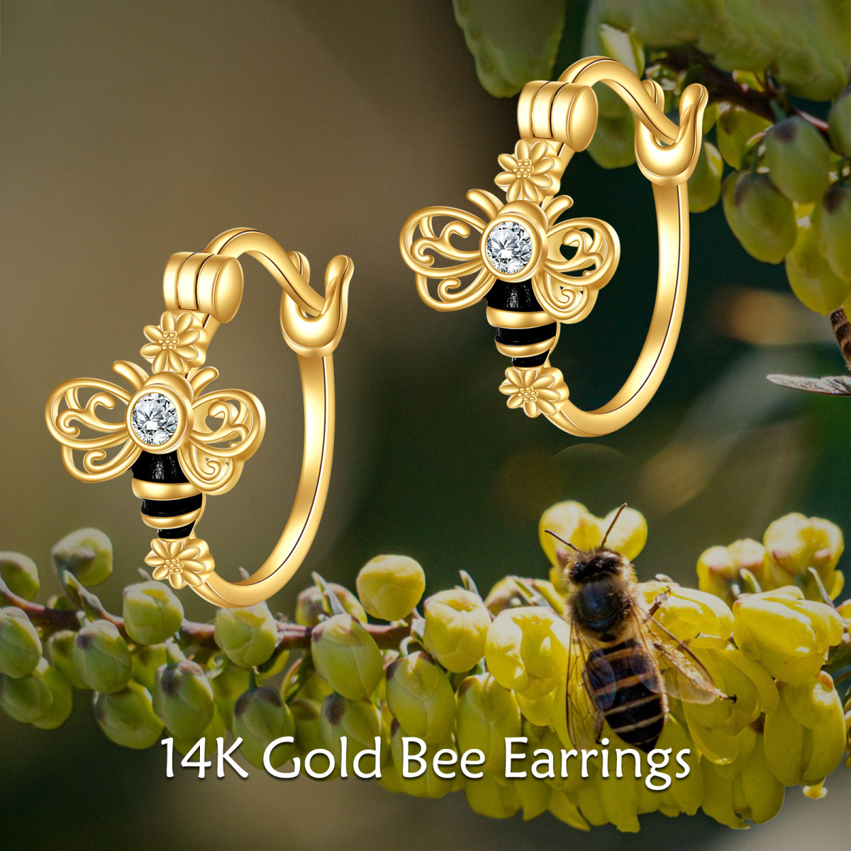 Pendientes de aro con abeja y circonita cúbica en oro de 14 quilates-6