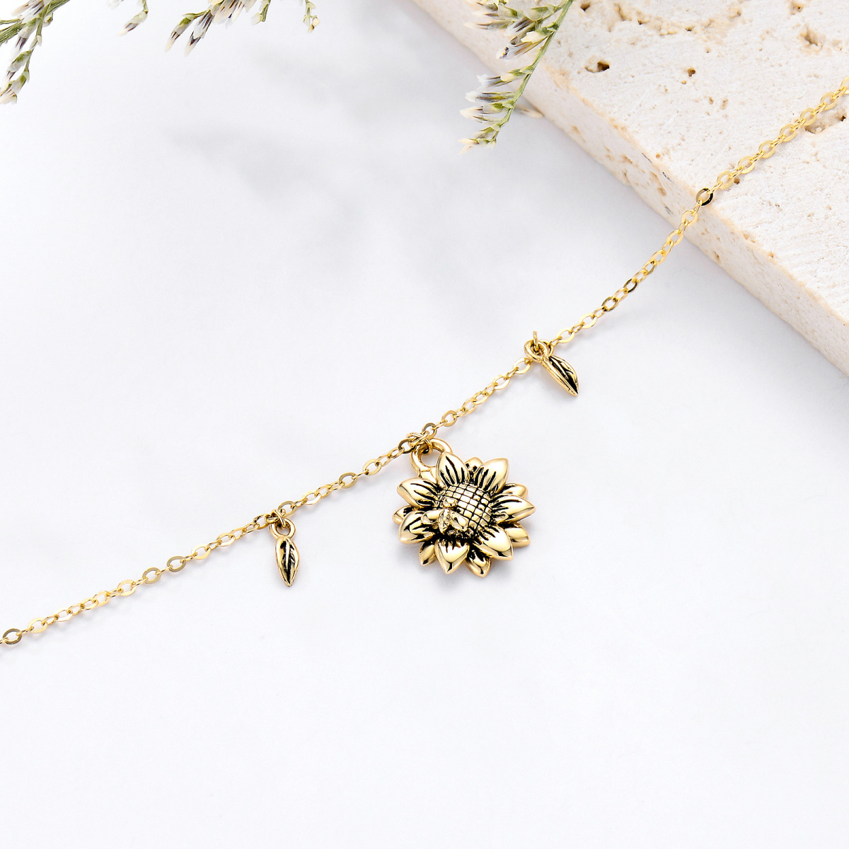 14K Yellow Gold Bee With Leaves Sunflower Single Layer Anklet For Women-3