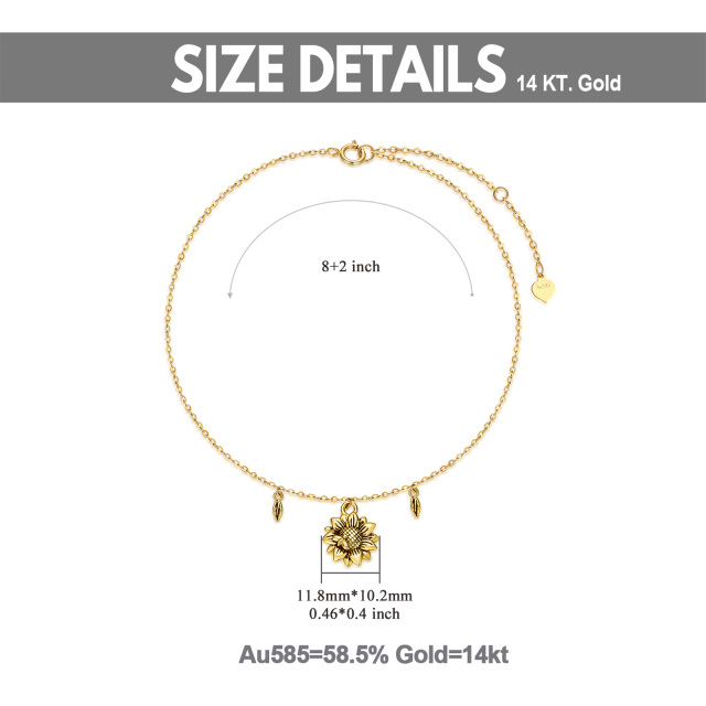 14K Yellow Gold Bee With Leaves Sunflower Single Layer Anklet For Women-5