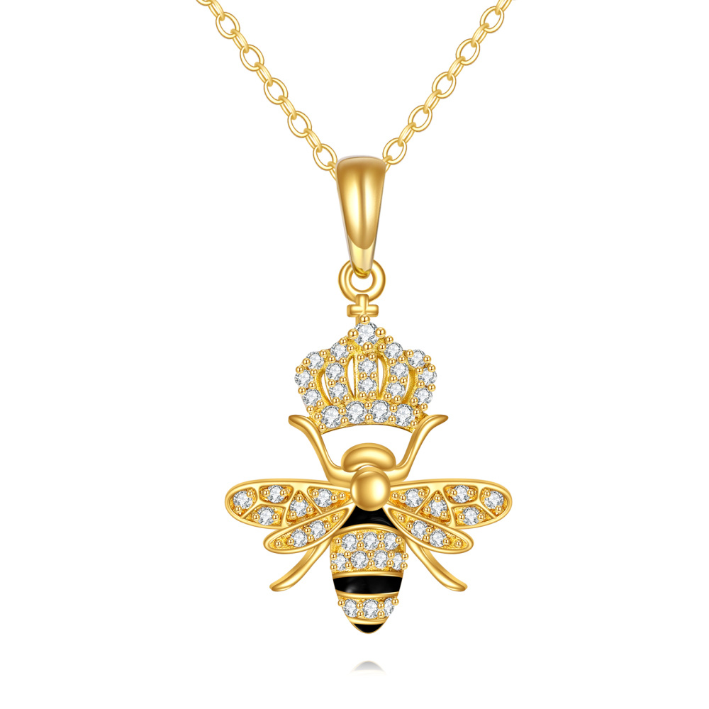10K Gold Cubic Zirconia Bee Queen & Crown Pendant Necklace-1