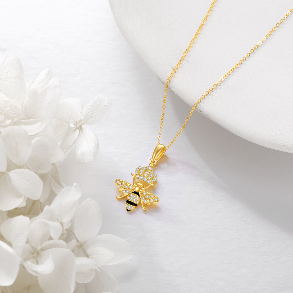 10K Gold Cubic Zirconia Bee Queen & Crown Pendant Necklace-3