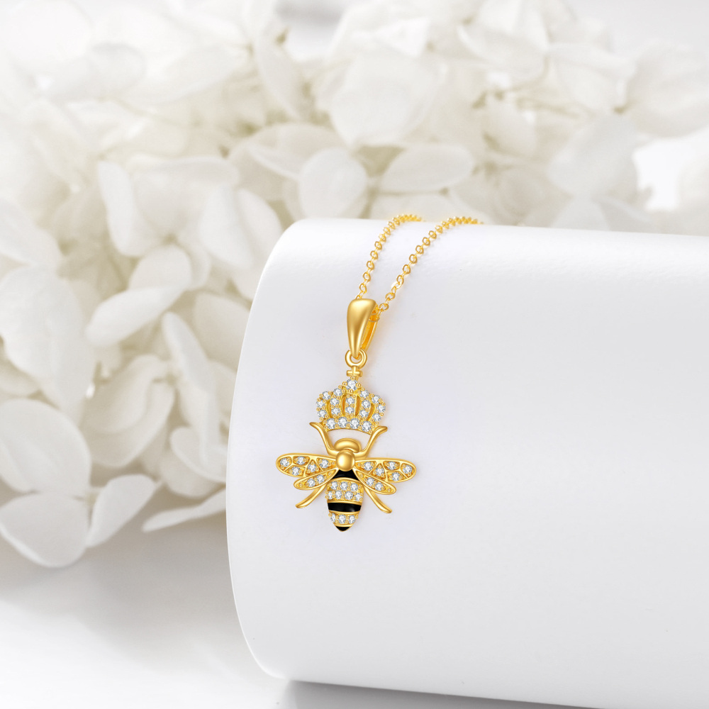 10K Gold Cubic Zirconia Bee Queen & Crown Pendant Necklace-4