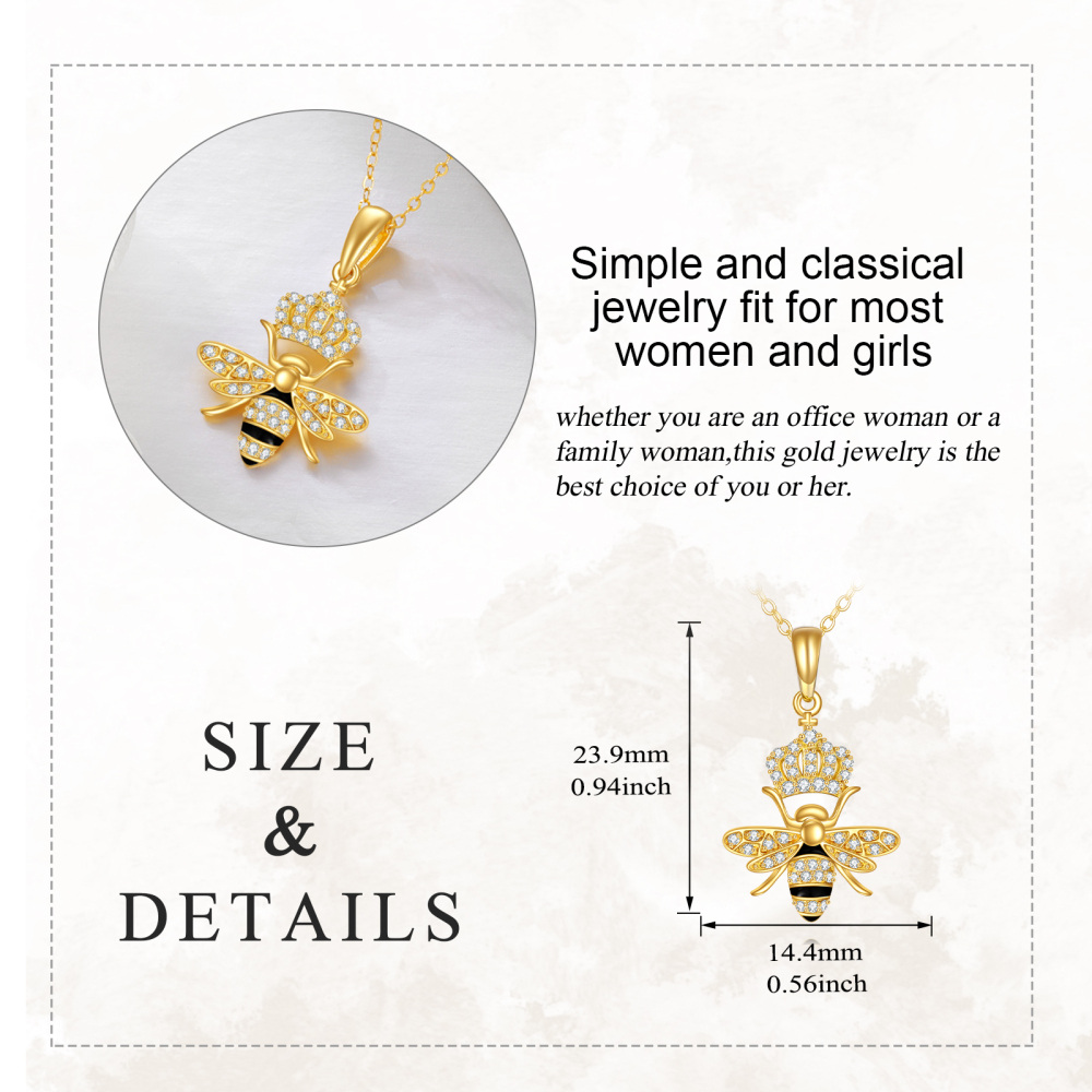 10K Gold Cubic Zirconia Bee Queen & Crown Pendant Necklace-5