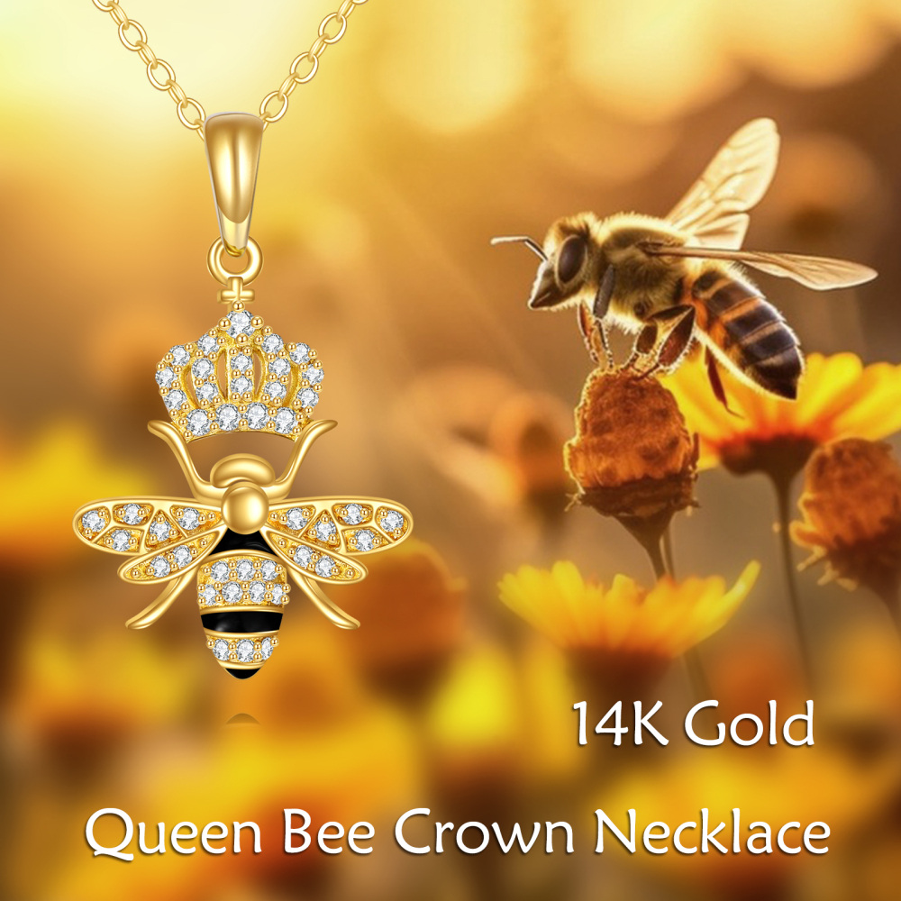 10K Gold Cubic Zirconia Bee Queen & Crown Pendant Necklace-6