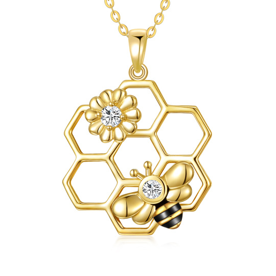 Collier à pendentif abeille et tournesol en or 14K à zircon cubique