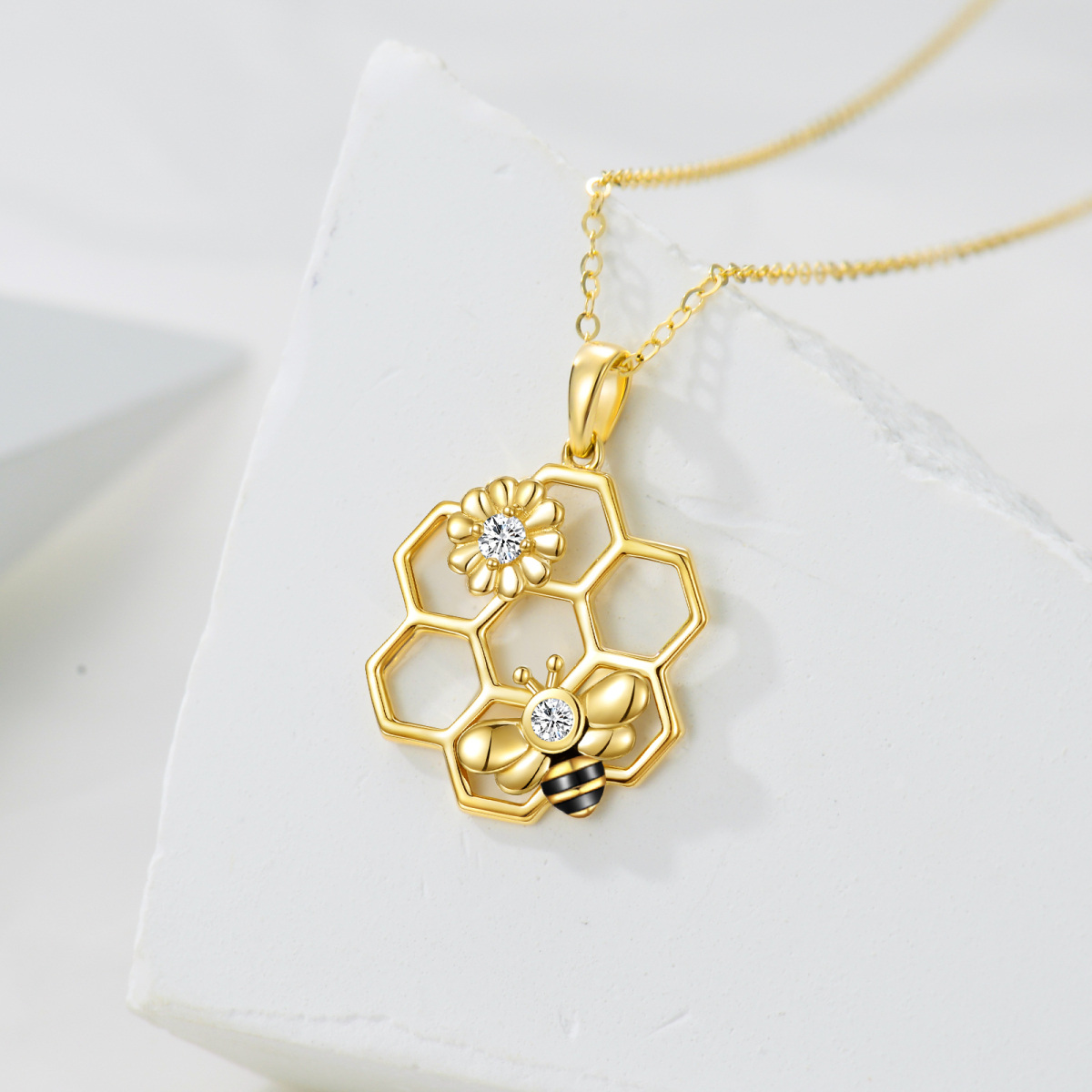 Collier à pendentif abeille et tournesol en or 14K à zircon cubique-3