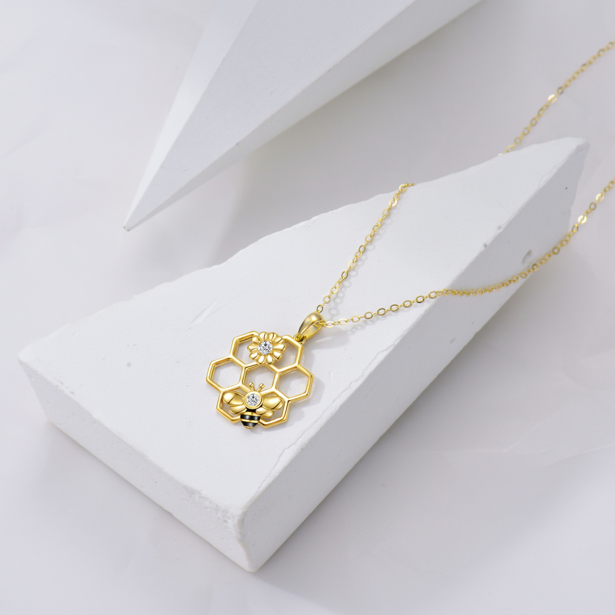 Collier à pendentif abeille et tournesol en or 14K à zircon cubique-4