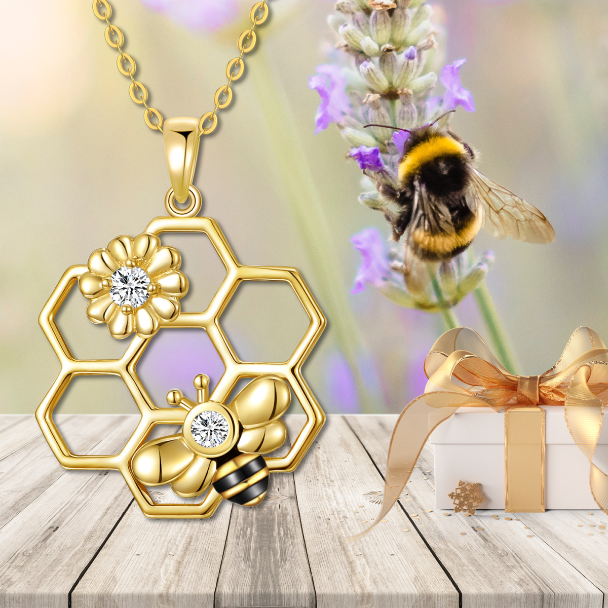 Collier à pendentif abeille et tournesol en or 14K à zircon cubique-5