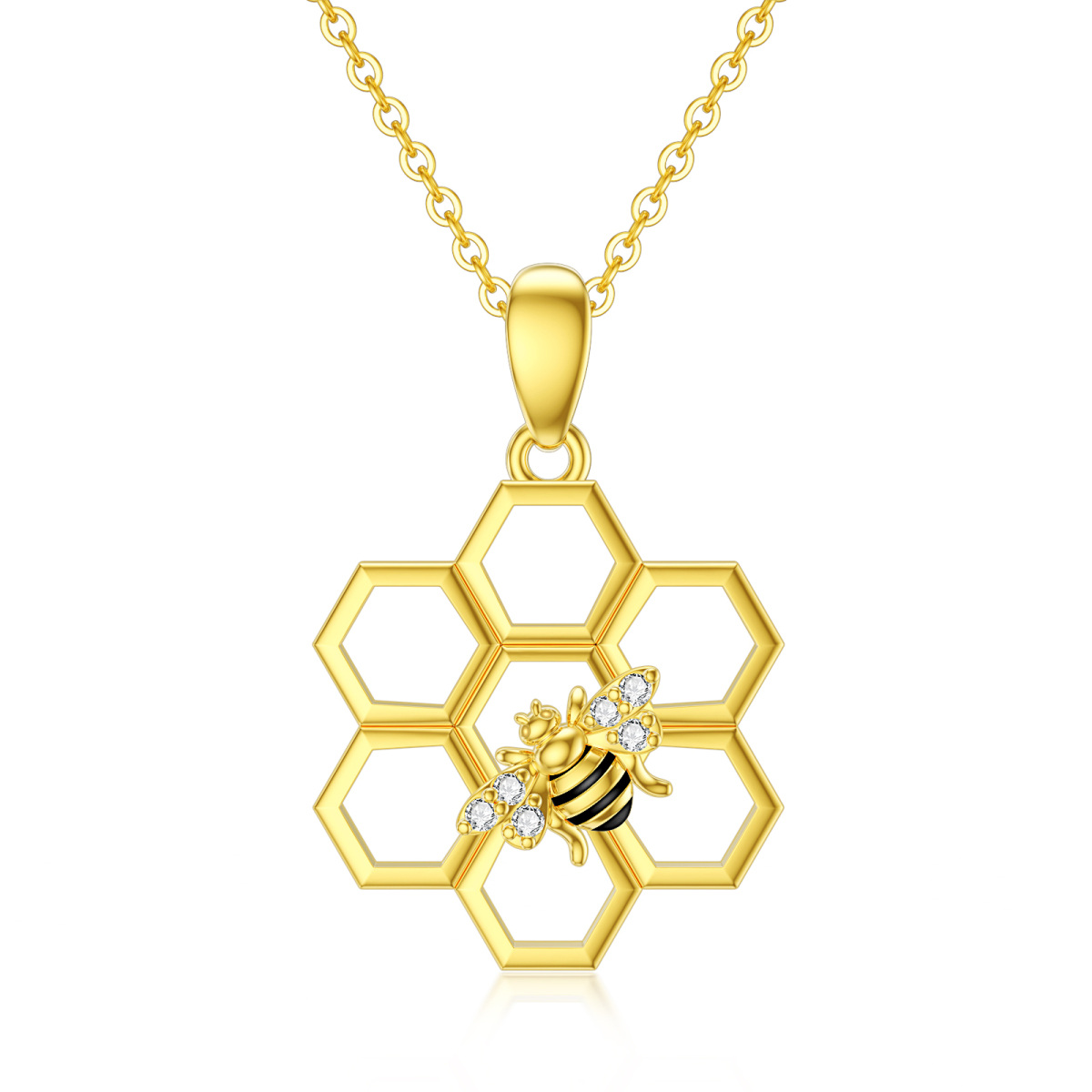 14K Gold Cubic Zirkonia Bienen & Bienenstock Anhänger Halskette-1