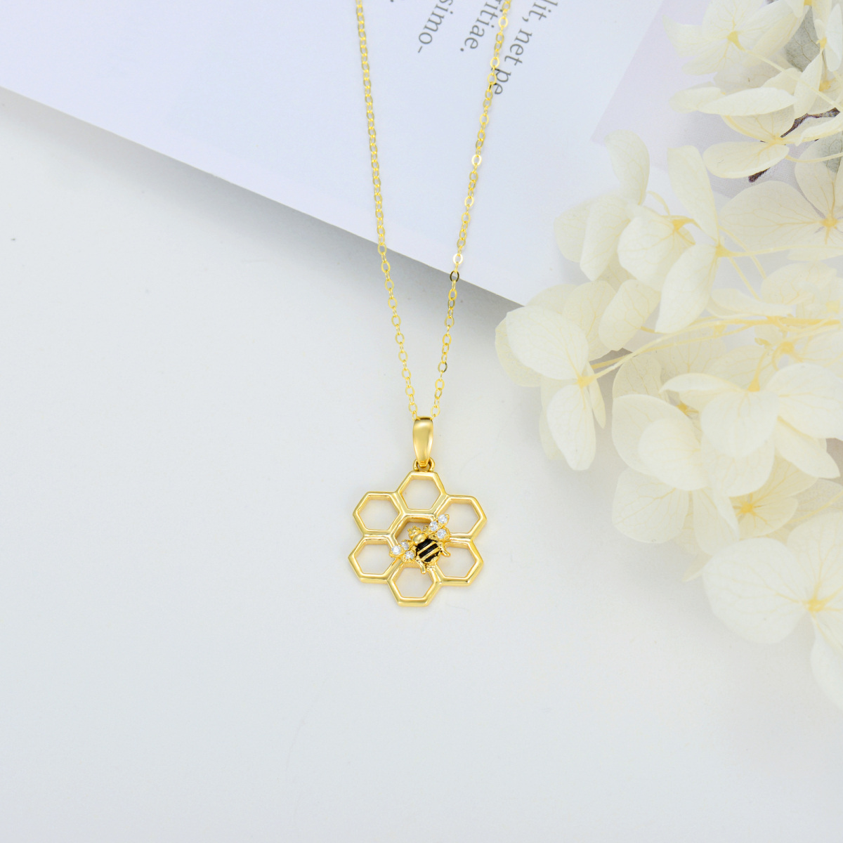 10K Gold Cubic Zirconia Bees & Hive Pendant Necklace-4