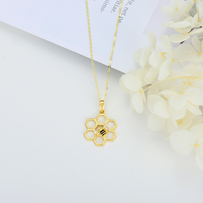 10K Gold Cubic Zirconia Bees & Hive Pendant Necklace-4