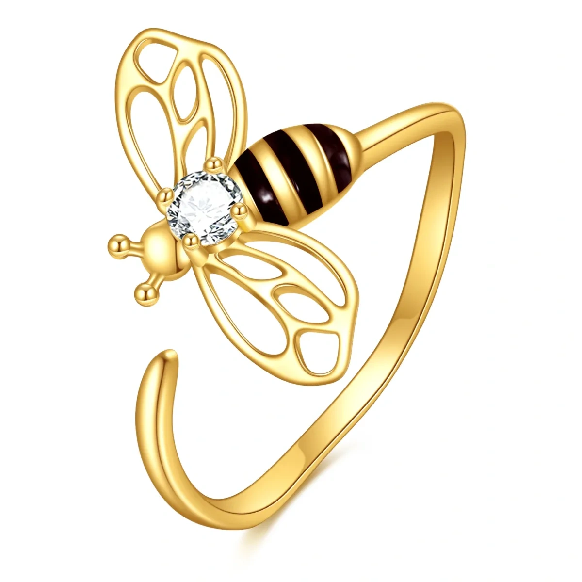 Offener Ring aus 14 Karat Gold mit Zirkonia und Bienen-1