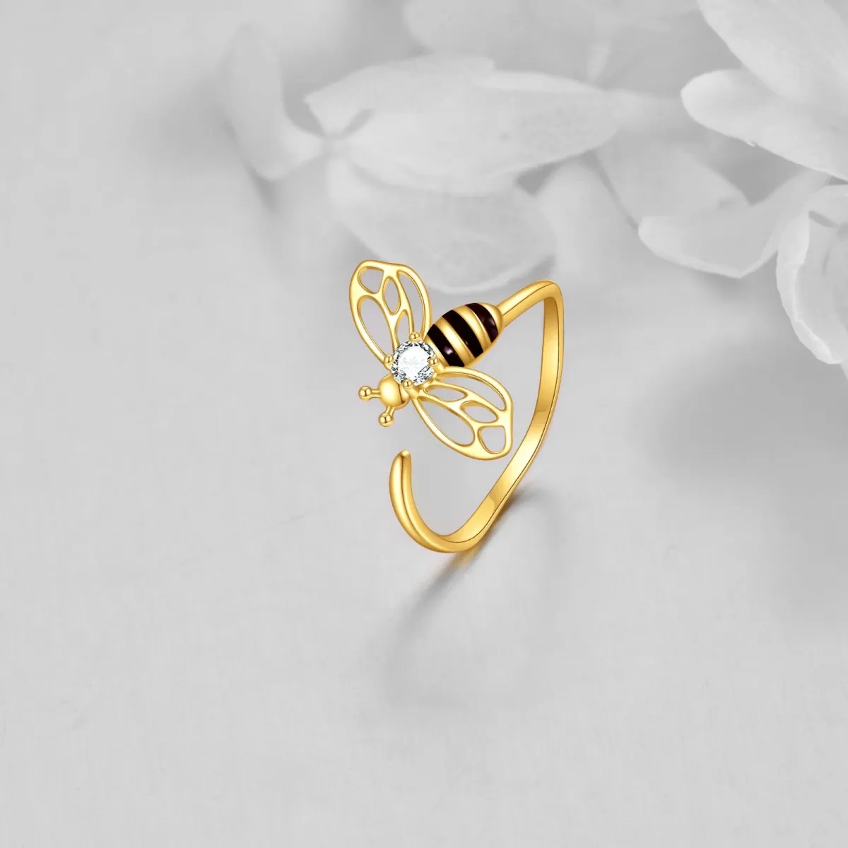 Bague ouverte abeilles en or 14 carats avec zircone cubique-3