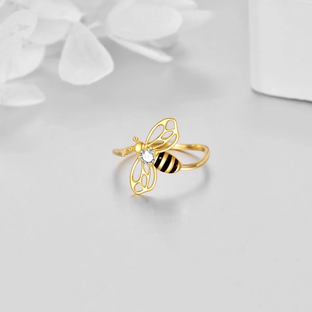 Offener Ring aus 14 Karat Gold mit Zirkonia und Bienen-4