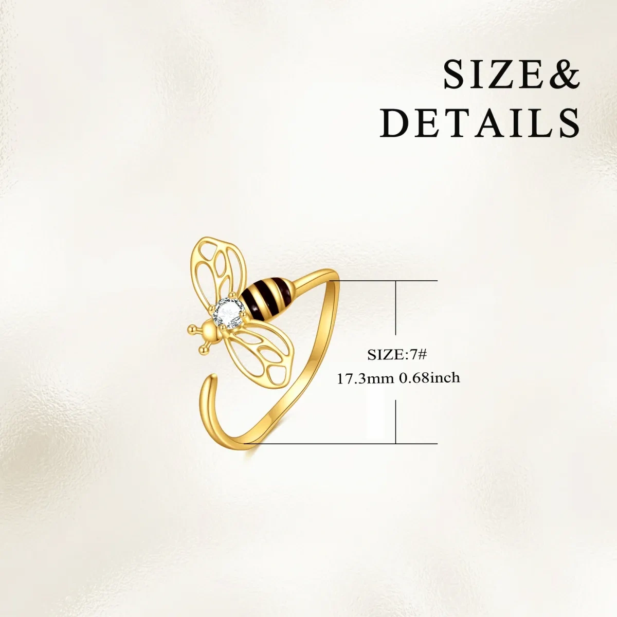 Bague ouverte abeilles en or 14 carats avec zircone cubique-5