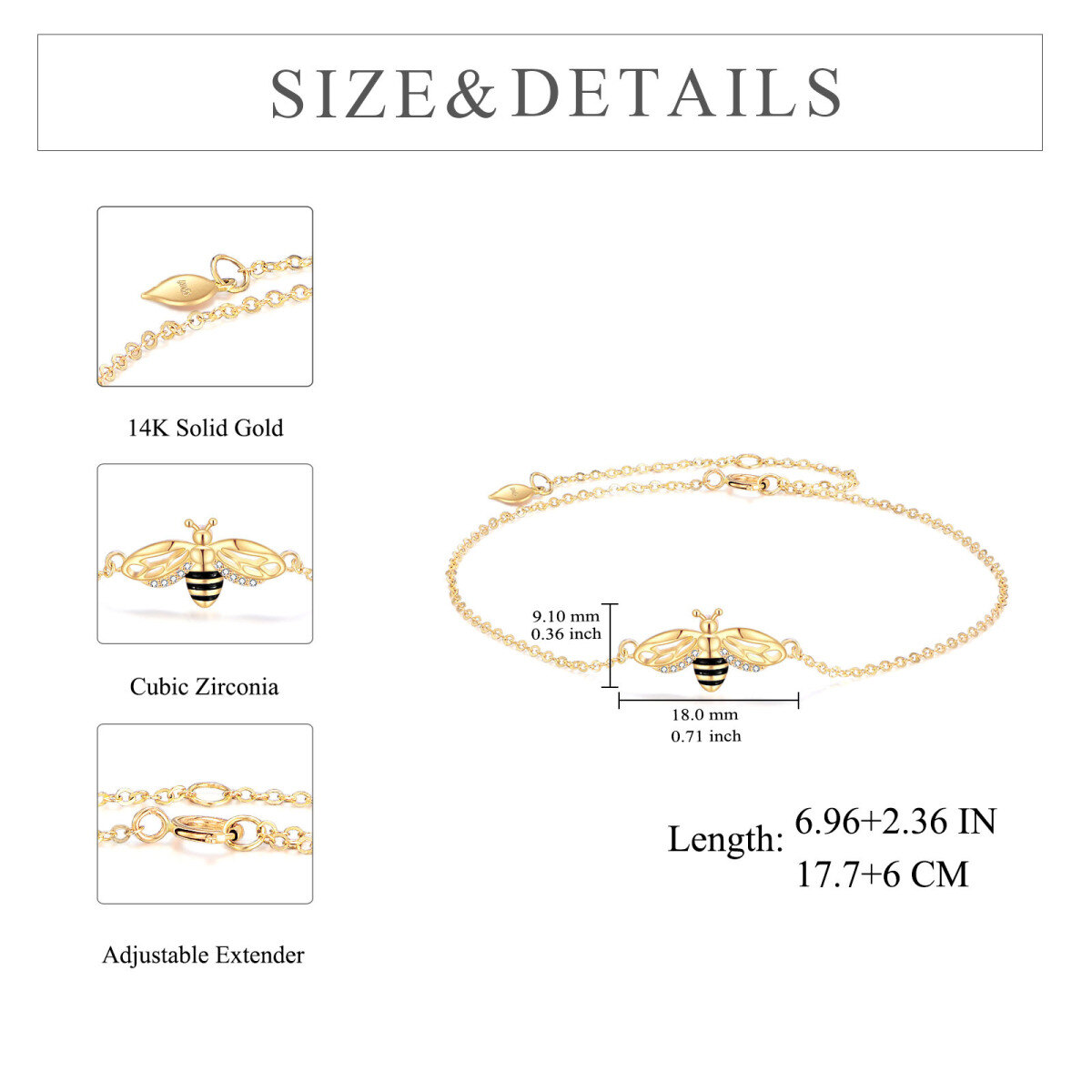 Bracelet en or 14K avec pendentif abeilles en zircon cubique-5