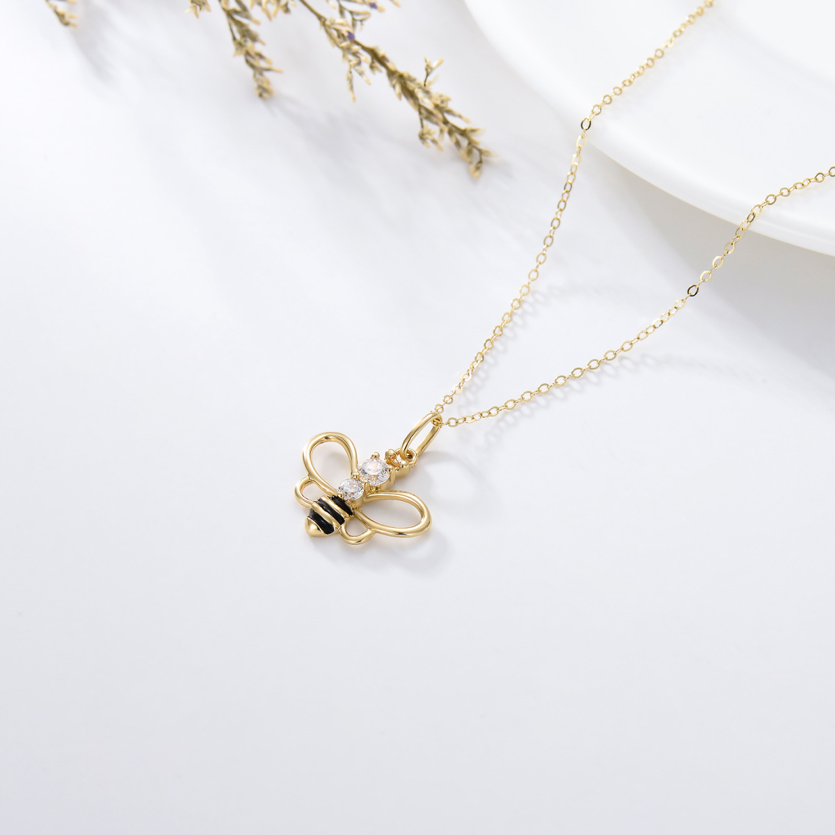 Collier à pendentif abeilles en or 14K à zircon cubique-4