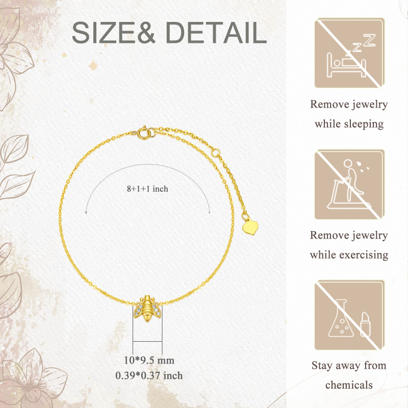 Tornozeleira de camada única com abelhas em ouro 10K e zircónias cúbicas-5