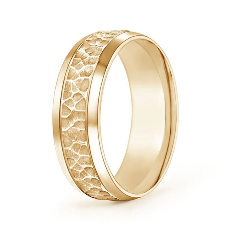 14K Gold Beveled Edges Comfort Fit Hammered Wedding Ring for Men-3