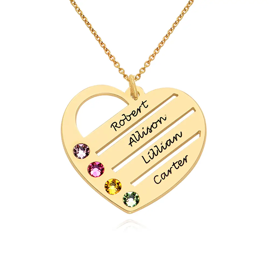 14K Gold Birthstone Heart Necklace with Engraved Names-1