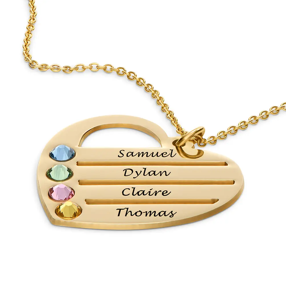 14K Gold Birthstone Heart Necklace with Engraved Names-4