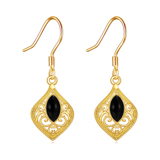14K Gold Black Agate Drop Earrings-1