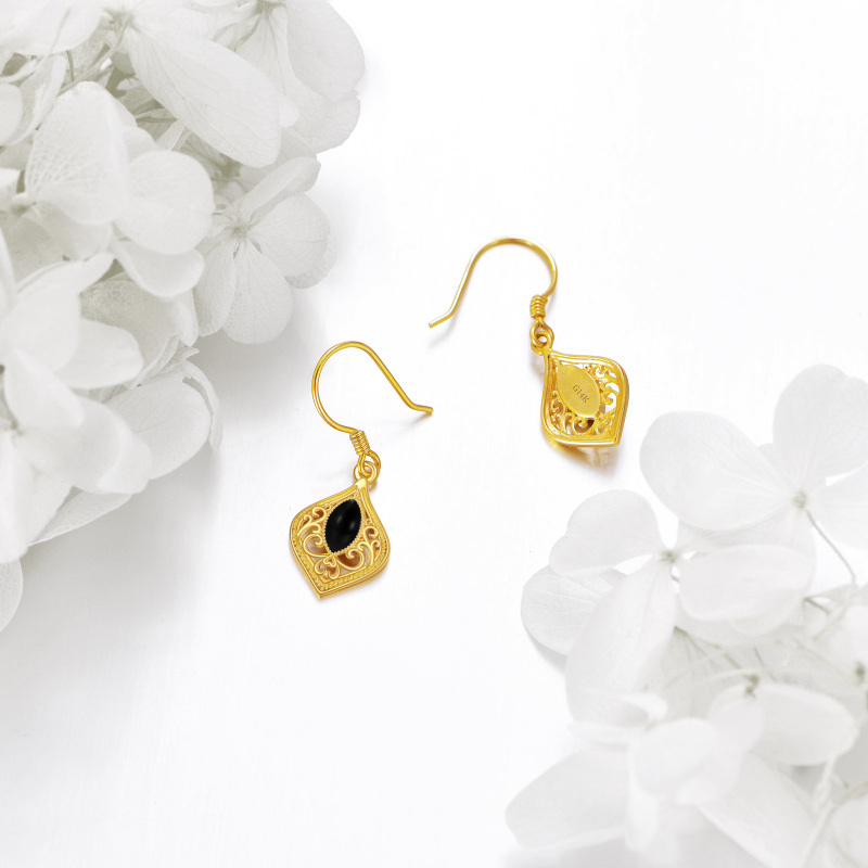 10K Gold Black Agate Drop Earrings-3