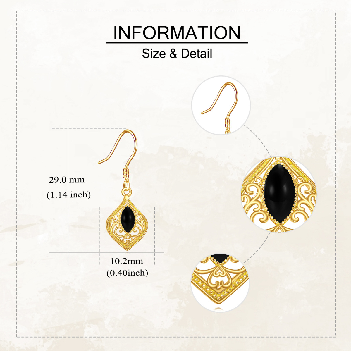 Pendientes colgantes de ágata negra en oro de 14 quilates-5